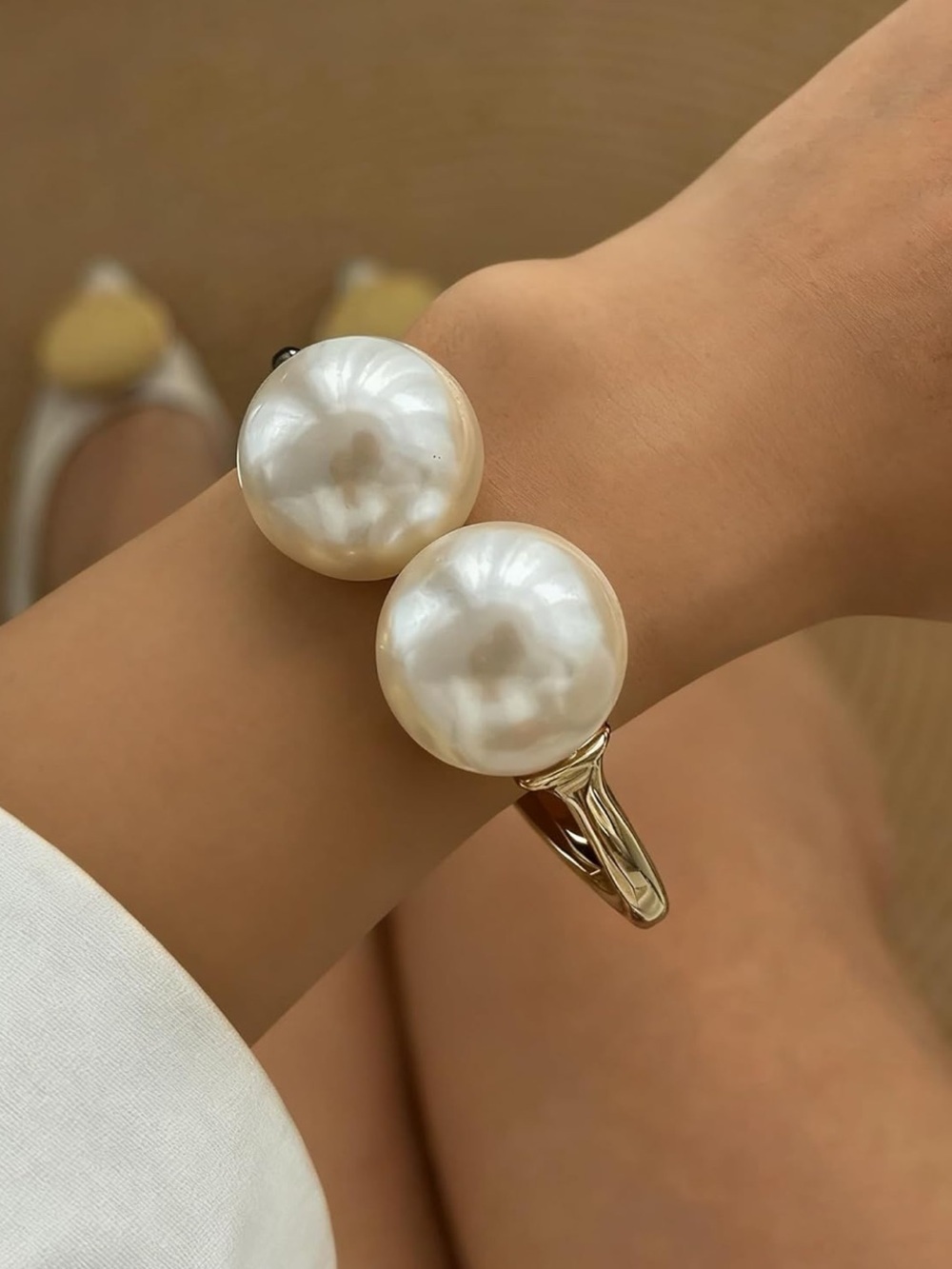 Anthropologie Gold Hinged Bangle with Ivory Pearl Accents